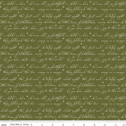 Image of the Glisten Text Green quilting cotton fabric by Riley Blake Designs. features text on a green background. Cute Little Fabric Shop
