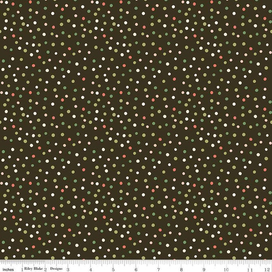 Image of the Glisten Dots Mocha quilting cotton fabric by Riley Blake Designs. features dots on a green background. Cute Little Fabric Shop