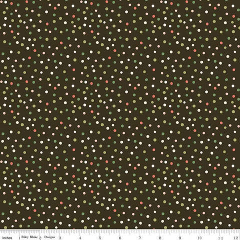 Image of the Glisten Dots Mocha quilting cotton fabric by Riley Blake Designs. features dots on a green background. Cute Little Fabric Shop