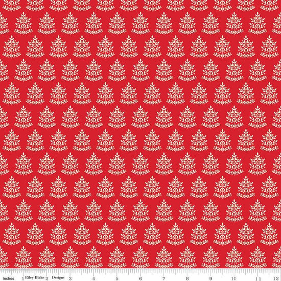 Image of the Glisten Trees Red quilting cotton fabric by Riley Blake Designs. features leaves on a red background. Cute Little Fabric Shop