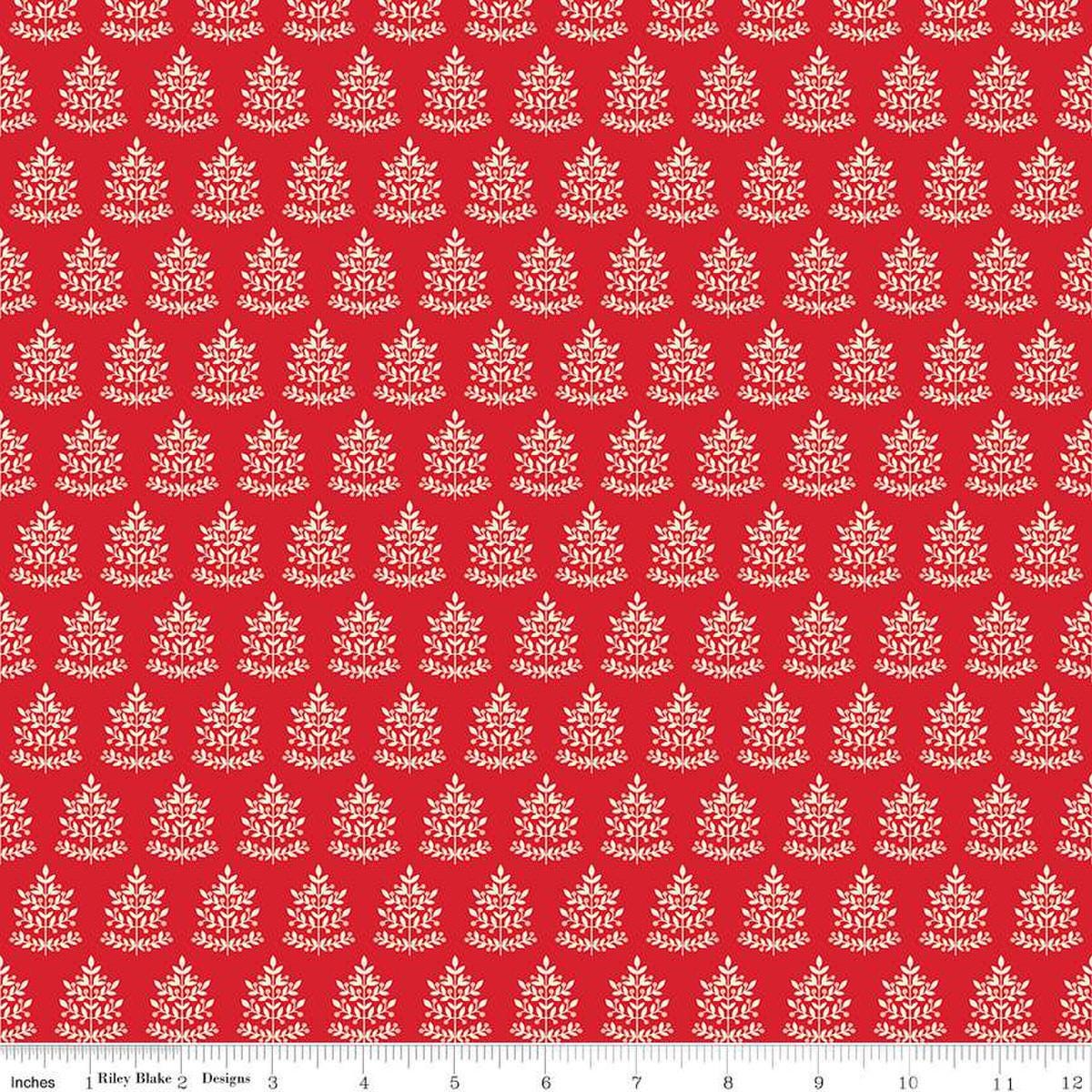 Image of the Glisten Trees Red quilting cotton fabric by Riley Blake Designs. features leaves on a red background. Cute Little Fabric Shop