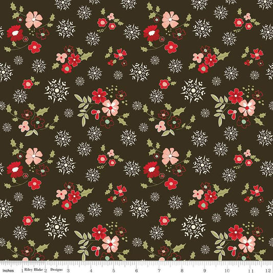 Image of the Glisten Winter Flowers Mocha quilting cotton fabric by Riley Blake Designs. features flowers on a green background. Cute Little Fabric Shop