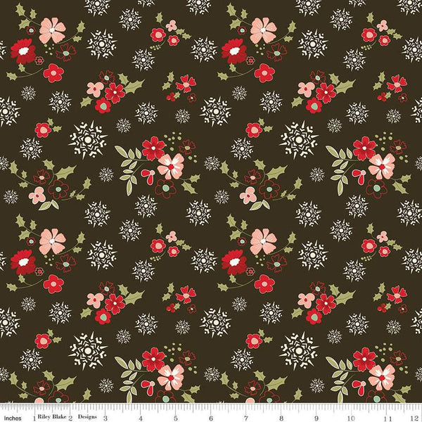 Image of the Glisten Winter Flowers Mocha quilting cotton fabric by Riley Blake Designs. features flowers on a green background. Cute Little Fabric Shop