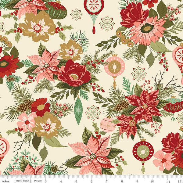 Image of the Glisten Main Eggnog quilting cotton fabric by Riley Blake Designs. features flowers on a cream background. Cute Little Fabric Shop