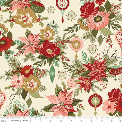 Image of the Glisten Main Eggnog quilting cotton fabric by Riley Blake Designs. features flowers on a cream background. Cute Little Fabric Shop