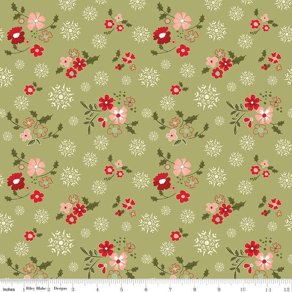 Image of the Glisten Winter Flowers Olive quilting cotton fabric by Riley Blake Designs. features flowers on a green background. Cute Little Fabric Shop
