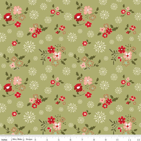 Image of the Glisten Winter Flowers Olive quilting cotton fabric by Riley Blake Designs. features flowers on a green background. Cute Little Fabric Shop