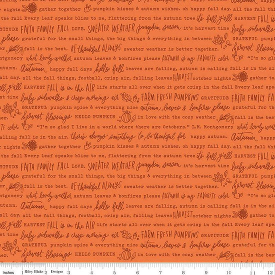 Image of the Happy Fall Days Autumn Words Orange quilting cotton fabric by Riley Blake Designs. Features text on an orange background. Cute Little Fabric Shop
