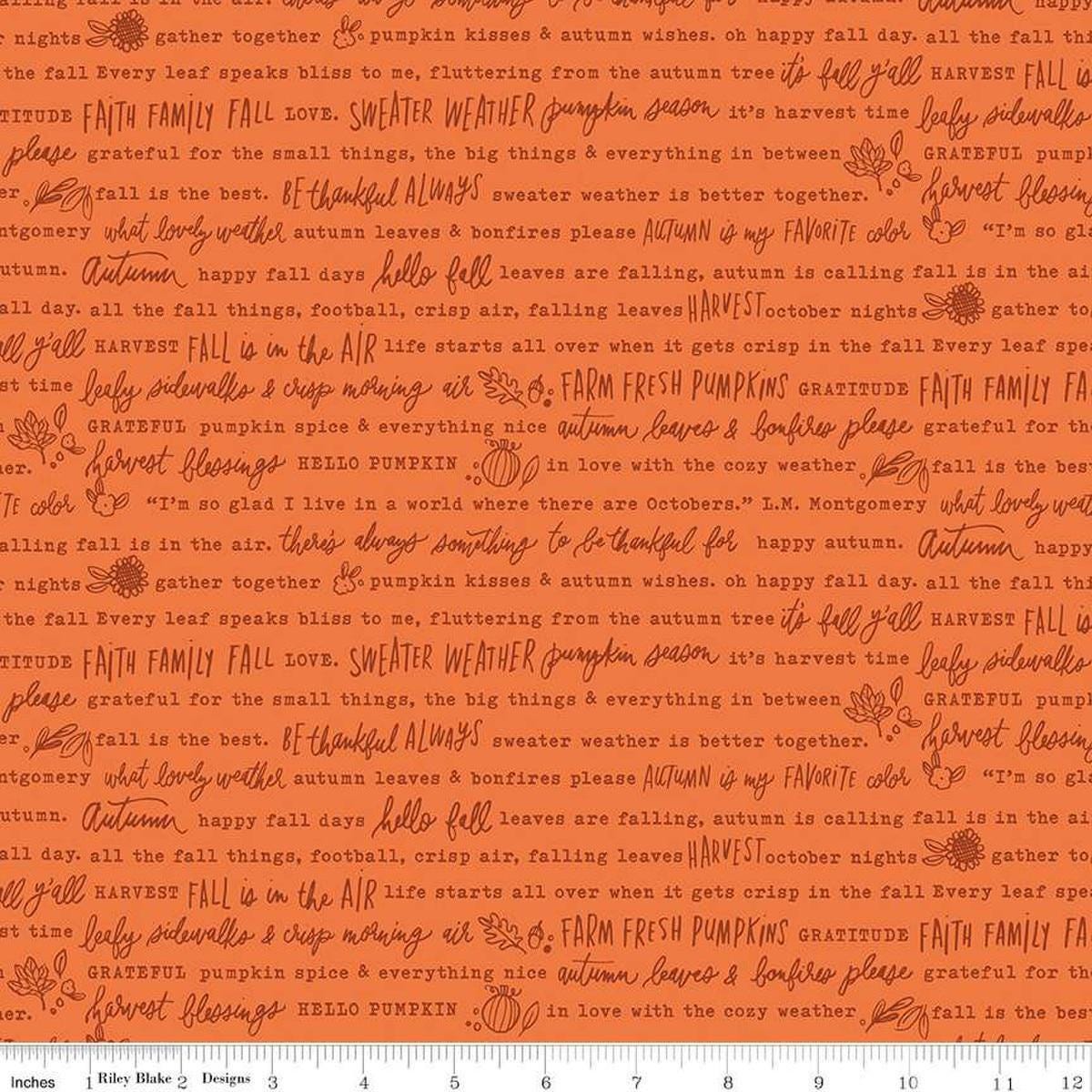 Image of the Happy Fall Days Autumn Words Orange quilting cotton fabric by Riley Blake Designs. Features text on an orange background. Cute Little Fabric Shop