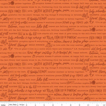 Image of the Happy Fall Days Autumn Words Orange quilting cotton fabric by Riley Blake Designs. Features text on an orange background. Cute Little Fabric Shop