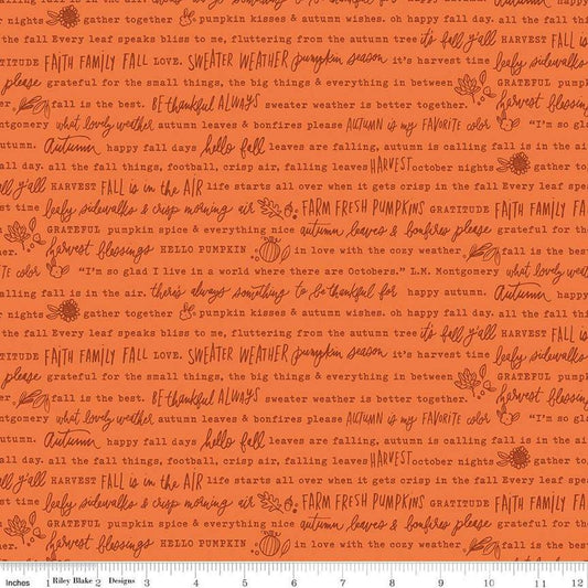 Image of the Happy Fall Days Autumn Words Orange quilting cotton fabric by Riley Blake Designs. Features text on an orange background. Cute Little Fabric Shop