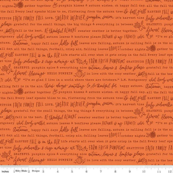 Image of the Happy Fall Days Autumn Words Orange quilting cotton fabric by Riley Blake Designs. Features text on an orange background. Cute Little Fabric Shop