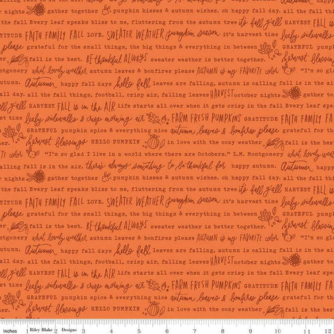 Image of the Happy Fall Days Autumn Words Orange quilting cotton fabric by Riley Blake Designs. Features text on an orange background. Cute Little Fabric Shop