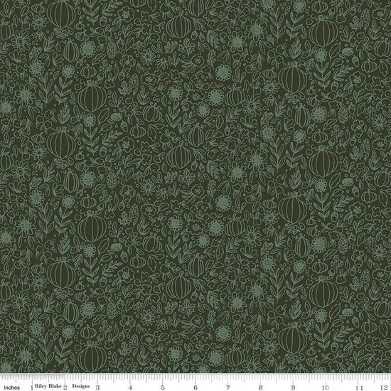 Image of the Happy Fall Days Floral Outline Hunter quilting cotton fabric by Riley Blake Designs. Features flowers on a green background. Cute Little Fabric Shop