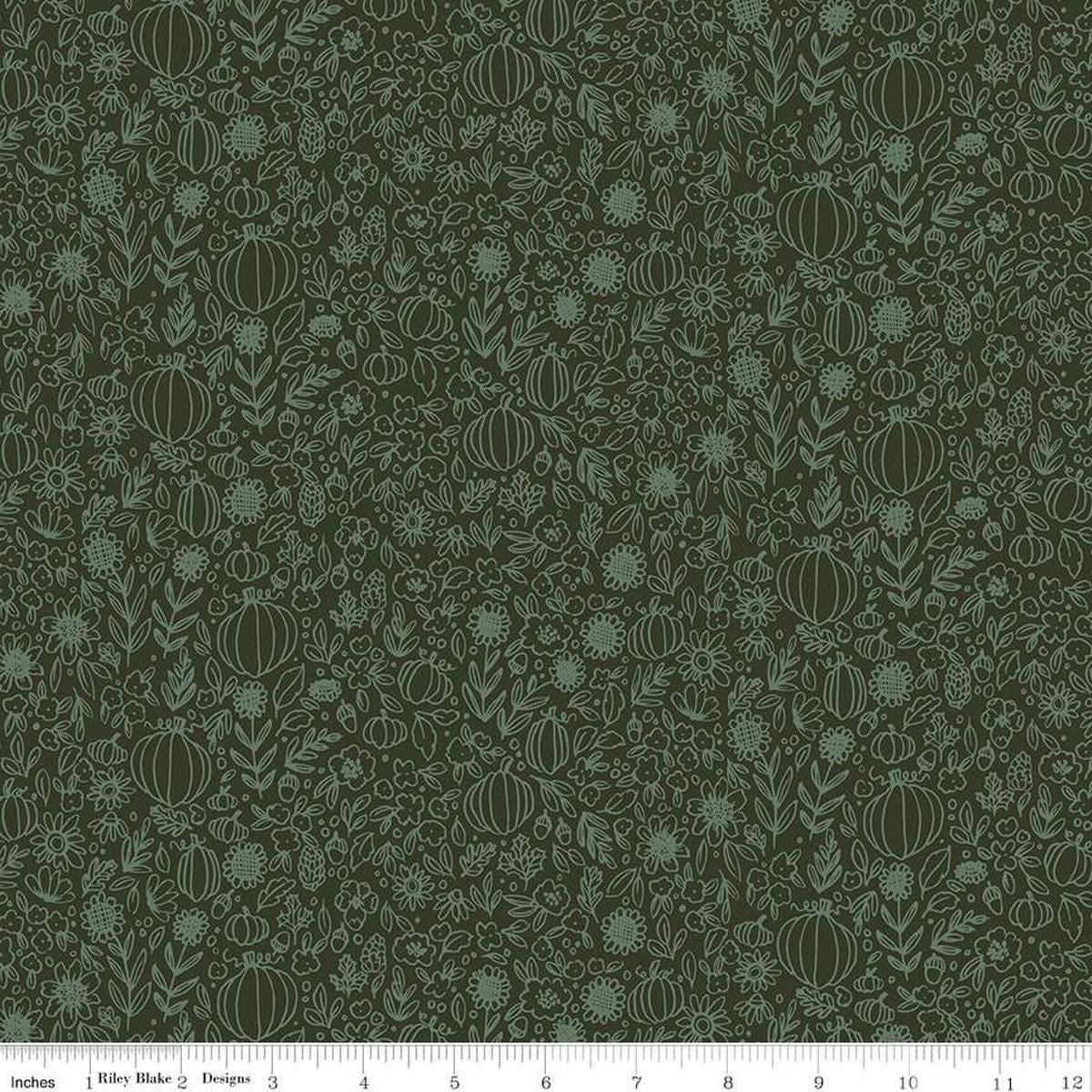 Image of the Happy Fall Days Floral Outline Hunter quilting cotton fabric by Riley Blake Designs. Features flowers on a green background. Cute Little Fabric Shop