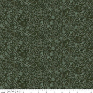 Image of the Happy Fall Days Floral Outline Hunter quilting cotton fabric by Riley Blake Designs. Features flowers on a green background. Cute Little Fabric Shop