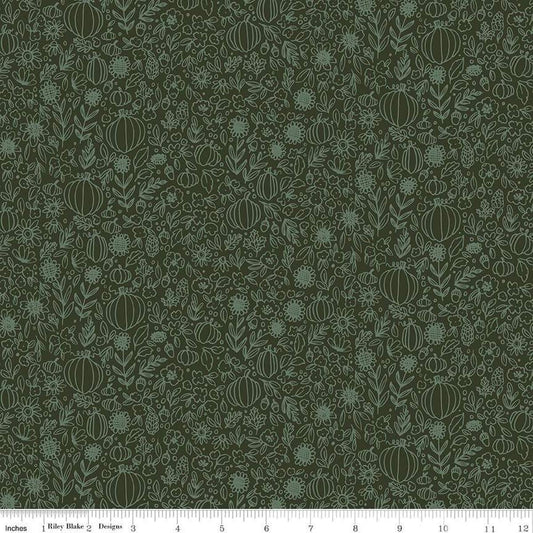 Image of the Happy Fall Days Floral Outline Hunter quilting cotton fabric by Riley Blake Designs. Features flowers on a green background. Cute Little Fabric Shop