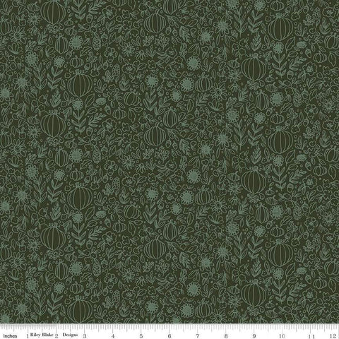 Image of the Happy Fall Days Floral Outline Hunter quilting cotton fabric by Riley Blake Designs. Features flowers on a green background. Cute Little Fabric Shop