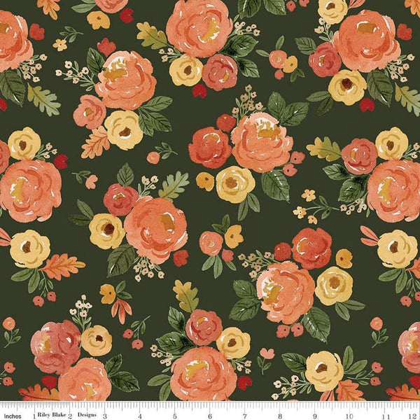 Image of the Happy Fall Days Main Forest quilting cotton fabric by Riley Blake Designs. Features flowers on  green background. Cute Little Fabric Shop