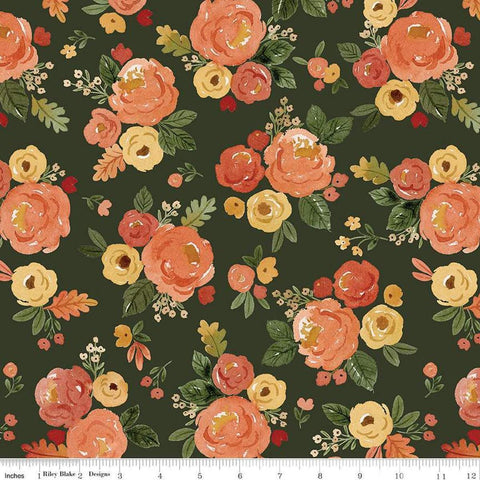 Image of the Happy Fall Days Main Forest quilting cotton fabric by Riley Blake Designs. Features flowers on  green background. Cute Little Fabric Shop