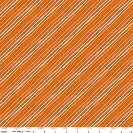 Image of the Happy Fall Days Stripes Rust quilting cotton fabric by Riley Blake Designs. Features stripes on an orange background. Cute Little Fabric Shop