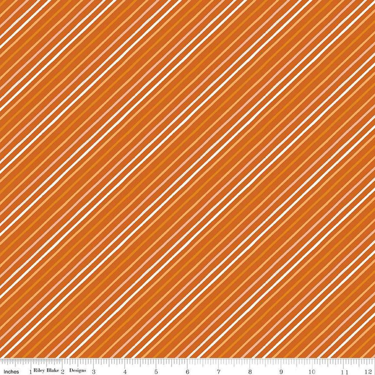 Image of the Happy Fall Days Stripes Rust quilting cotton fabric by Riley Blake Designs. Features stripes on an orange background. Cute Little Fabric Shop