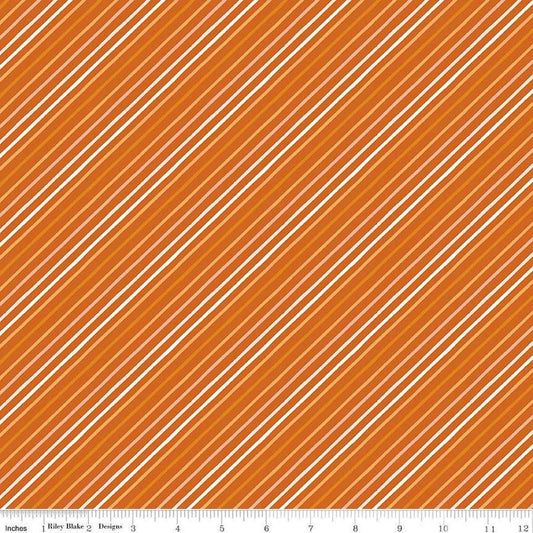 Image of the Happy Fall Days Stripes Rust quilting cotton fabric by Riley Blake Designs. Features stripes on an orange background. Cute Little Fabric Shop