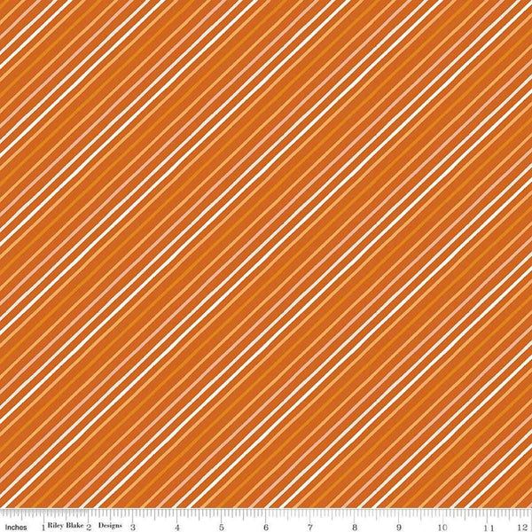 Image of the Happy Fall Days Stripes Rust quilting cotton fabric by Riley Blake Designs. Features stripes on an orange background. Cute Little Fabric Shop
