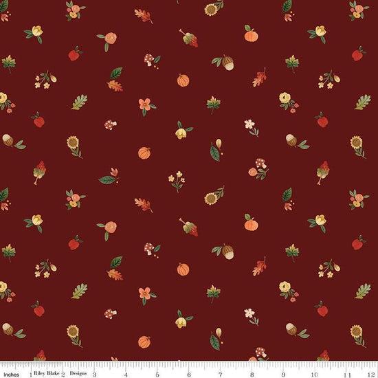 Image of the Happy Fall Days Fall Things Maroon quilting cotton fabric by Riley Blake Designs. Features icons on a purple background. Cute Little Fabric Shop