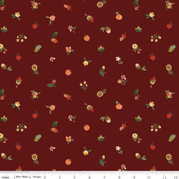 Image of the Happy Fall Days Fall Things Maroon quilting cotton fabric by Riley Blake Designs. Features icons on a purple background. Cute Little Fabric Shop