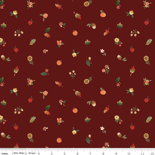 Image of the Happy Fall Days Fall Things Maroon quilting cotton fabric by Riley Blake Designs. Features icons on a purple background. Cute Little Fabric Shop