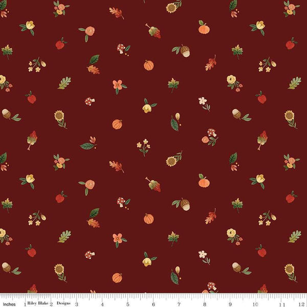 Image of the Happy Fall Days Fall Things Maroon quilting cotton fabric by Riley Blake Designs. Features icons on a purple background. Cute Little Fabric Shop