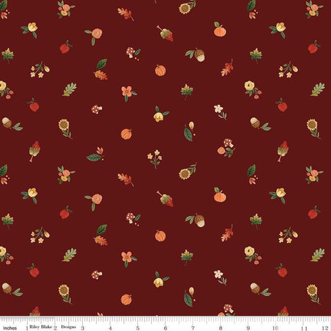 Image of the Happy Fall Days Fall Things Maroon quilting cotton fabric by Riley Blake Designs. Features icons on a purple background. Cute Little Fabric Shop
