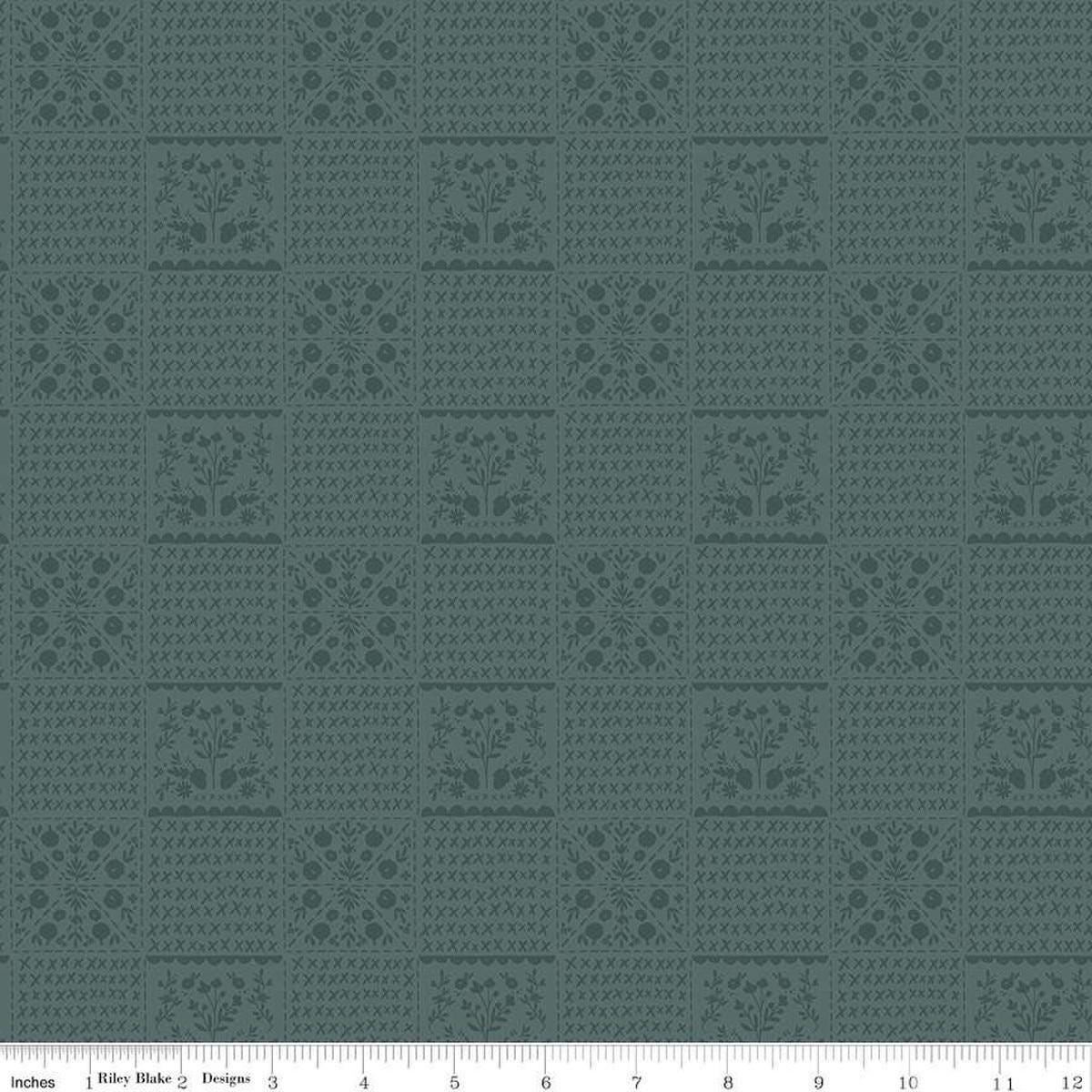 Image of the Happy Fall Days Vintage Squares Stone quilting cotton fabric by Riley Blake Designs. Features squares on a blue background. Cute Little Fabric Shop