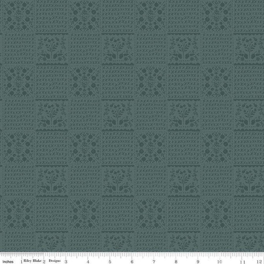 Image of the Happy Fall Days Vintage Squares Stone quilting cotton fabric by Riley Blake Designs. Features squares on a blue background. Cute Little Fabric Shop