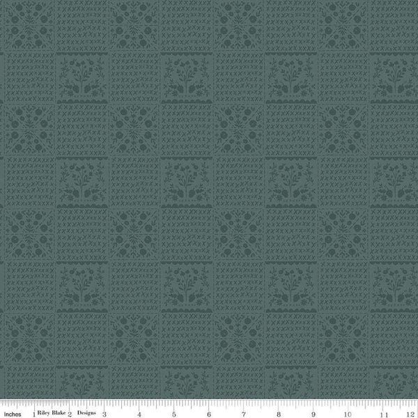 Image of the Happy Fall Days Vintage Squares Stone quilting cotton fabric by Riley Blake Designs. Features squares on a blue background. Cute Little Fabric Shop