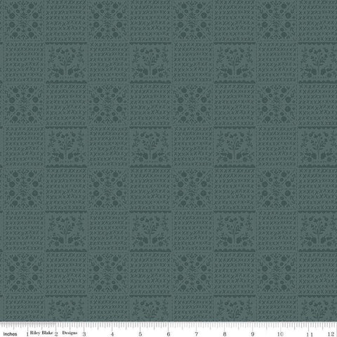 Image of the Happy Fall Days Vintage Squares Stone quilting cotton fabric by Riley Blake Designs. Features squares on a blue background. Cute Little Fabric Shop