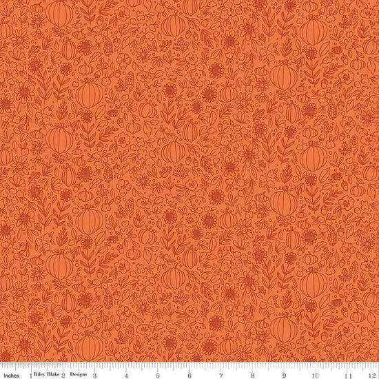 Image of the Happy Fall Days Floral Outline Orange quilting cotton fabric by Riley Blake Designs. Features flowers on an orange background. Cute Little Fabric Shop