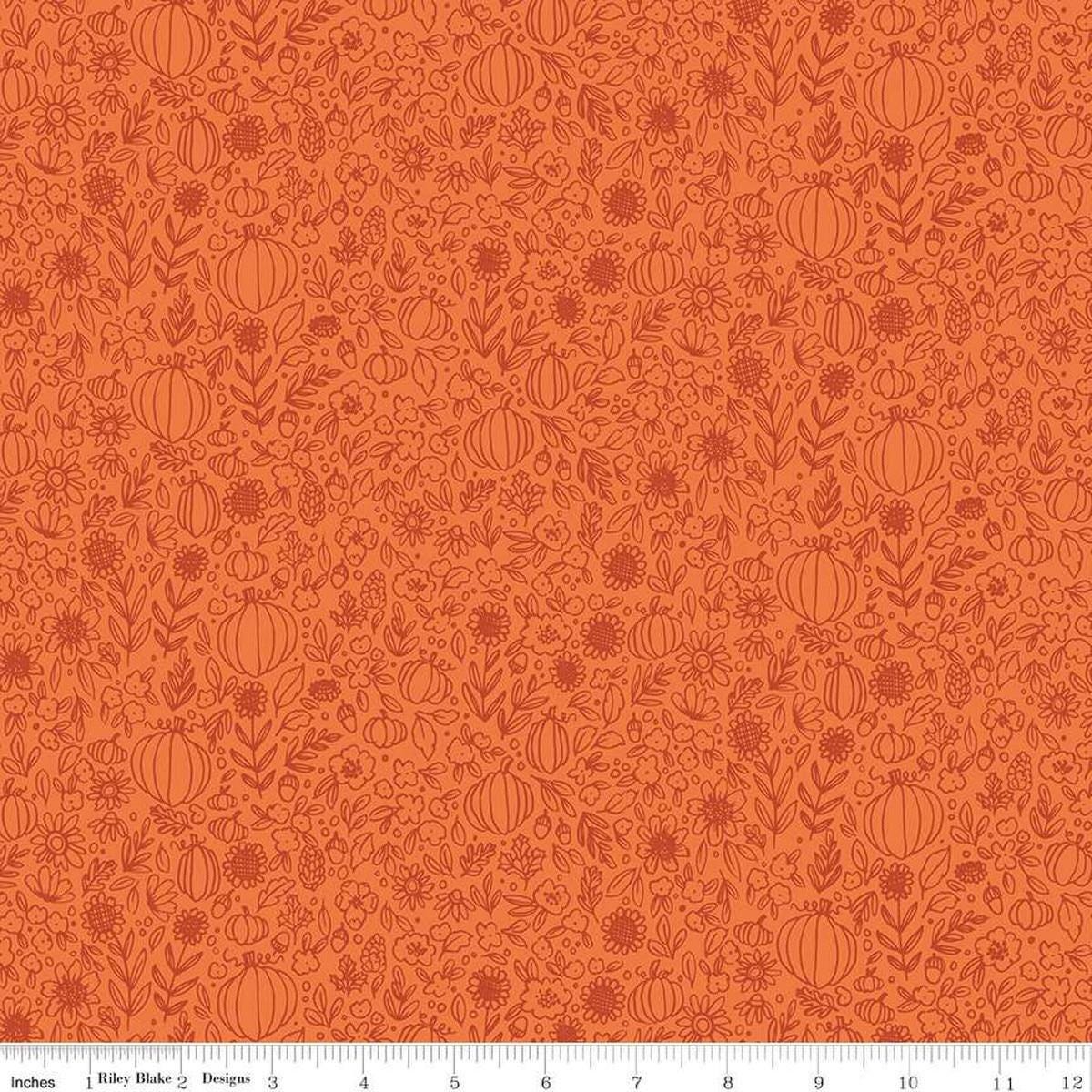 Image of the Happy Fall Days Floral Outline Orange quilting cotton fabric by Riley Blake Designs. Features flowers on an orange background. Cute Little Fabric Shop