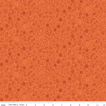 Image of the Happy Fall Days Floral Outline Orange quilting cotton fabric by Riley Blake Designs. Features flowers on an orange background. Cute Little Fabric Shop