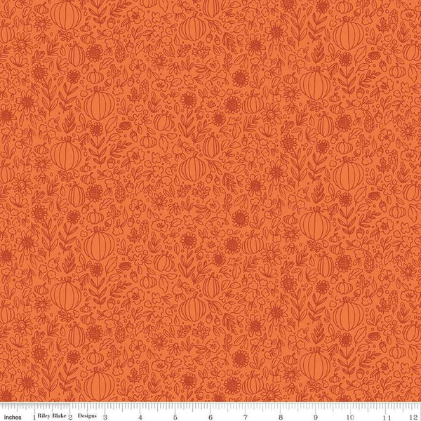 Image of the Happy Fall Days Floral Outline Orange quilting cotton fabric by Riley Blake Designs. Features flowers on an orange background. Cute Little Fabric Shop
