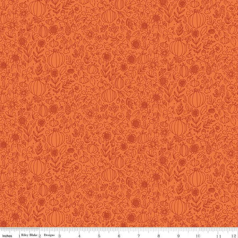 Image of the Happy Fall Days Floral Outline Orange quilting cotton fabric by Riley Blake Designs. Features flowers on an orange background. Cute Little Fabric Shop