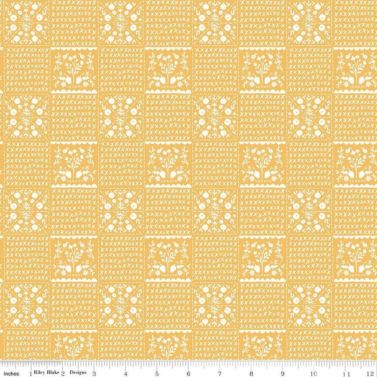 Image of the Happy Fall Days Vintage Squares Gold quilting cotton fabric by Riley Blake Designs. Features squares on a yellow background. Cute Little Fabric Shop