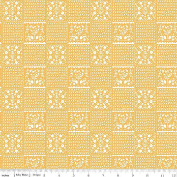 Image of the Happy Fall Days Vintage Squares Gold quilting cotton fabric by Riley Blake Designs. Features squares on a yellow background. Cute Little Fabric Shop