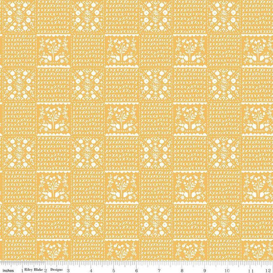 Image of the Happy Fall Days Vintage Squares Gold quilting cotton fabric by Riley Blake Designs. Features squares on a yellow background. Cute Little Fabric Shop