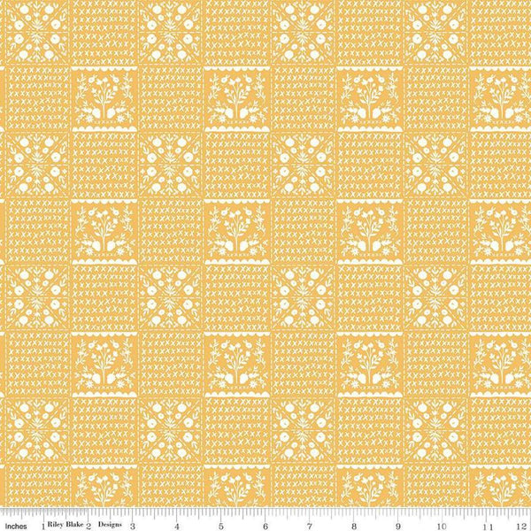 Image of the Happy Fall Days Vintage Squares Gold quilting cotton fabric by Riley Blake Designs. Features squares on a yellow background. Cute Little Fabric Shop
