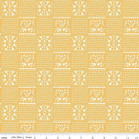 Image of the Happy Fall Days Vintage Squares Gold quilting cotton fabric by Riley Blake Designs. Features squares on a yellow background. Cute Little Fabric Shop