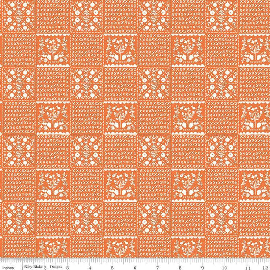 Image of the Happy Fall Days Vintage Squares Orange quilting cotton fabric by Riley Blake Designs. Features squares on an orange background. Cute Little Fabric Shop