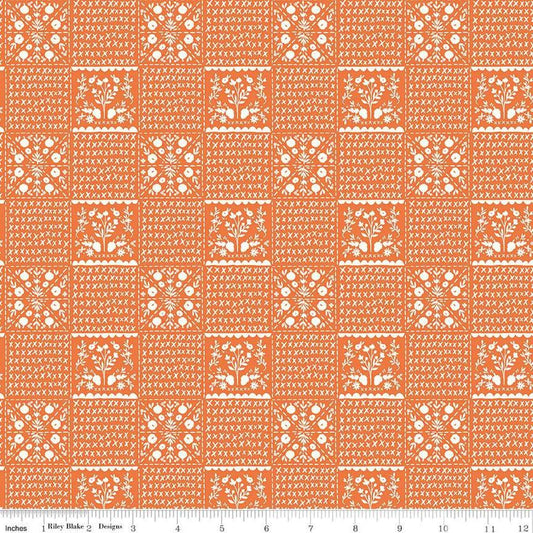 Image of the Happy Fall Days Vintage Squares Orange quilting cotton fabric by Riley Blake Designs. Features squares on an orange background. Cute Little Fabric Shop