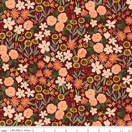 Image of the Happy Fall Days Autumn Fields Maroon quilting cotton fabric by Riley Blake Designs. Features flowers on a brown background. Cute Little Fabric Shop
